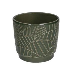 Bloempot, aardewerk, donkergroen met palmmotief, Ø 14 cm